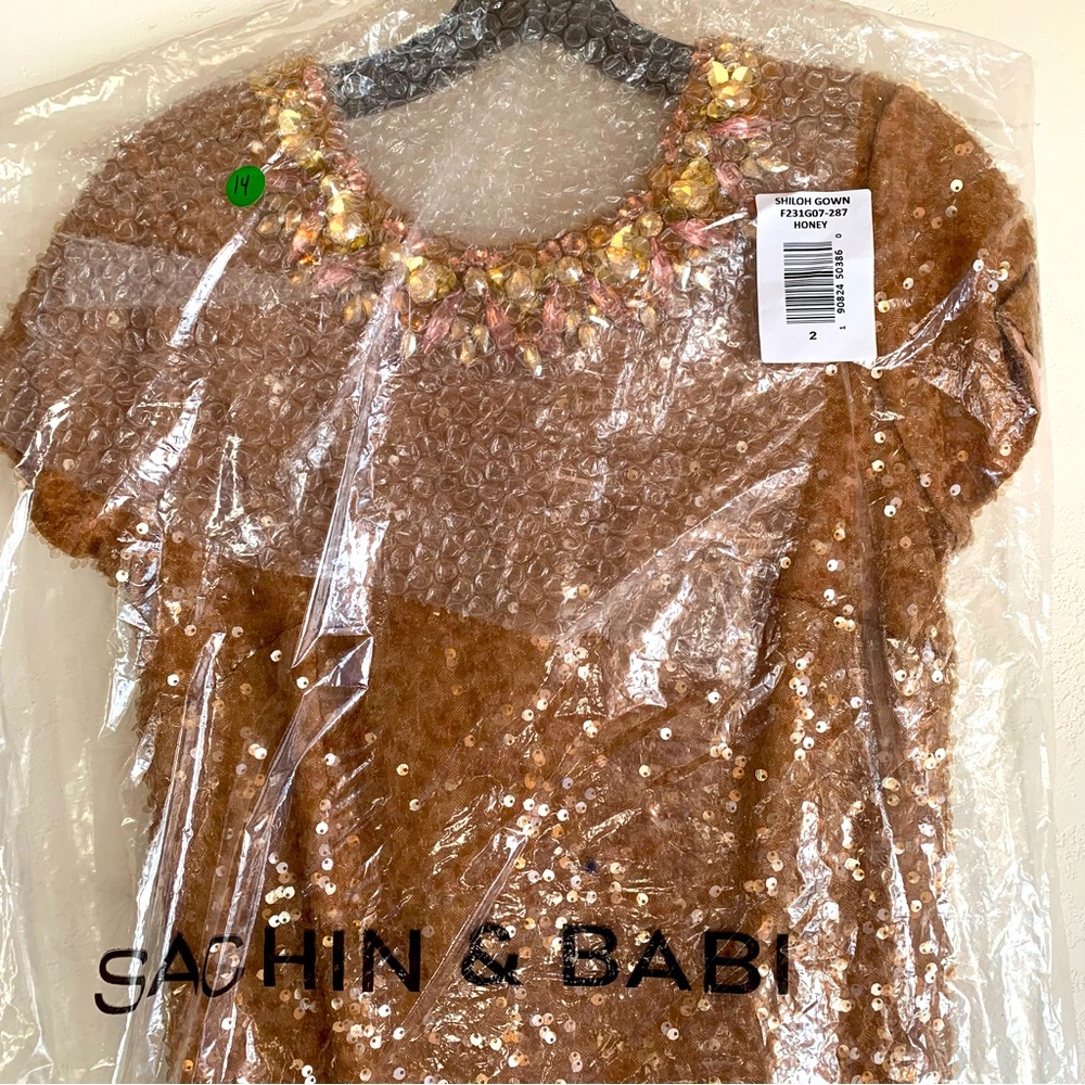 Sachin + Babi Sequined Formal Gown Size 2 Elegant Gold Column Gown Rhinestones - Picture 9 of 13